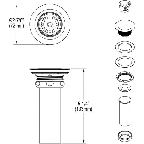 Illustration of 2 Inch Drain Fitting With 304 Stainless Steel Body, Stainless Steel Strainer Basket, And Rubber Seal, Includes 1-1/2 Inch O.D. By 4 Inch Chrome Plated Brass Tailpiece, Built Tough Kitchen Sink Accessory For Leak Free Performance