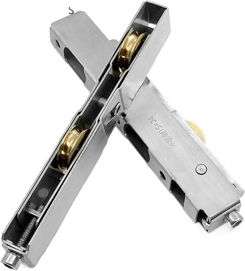 Heavy Duty Stainless Steel Sliding Door Rollers Built Tough With Double Copper Bearings For Slick Operation Window Pulley. 
Detailed view of smooth copper bearings.