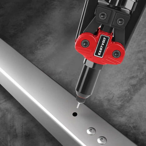 3 In 1 Rivet Nut Tool Kit With 14 Inch Rivet Gun And Six Metric Mandrels M3 M4 M5 M6 M8 M10 showing the tool in use on metal