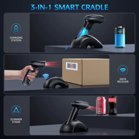 Bluetooth Barcode Scanner With USB Charging Cradle 1D 2D QR Reader For iOS Android Windows Mac OS Long Range Bluetooth 5.0 Omnidirectional Scanning Hands Free No Fuss Use And Tool Free Battery Replacement