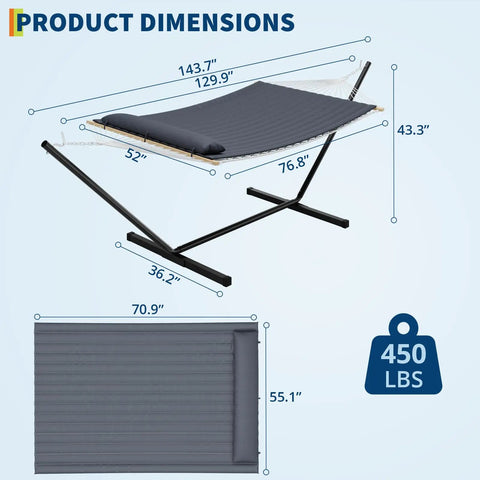 Double Hammock With Stand Heavy Duty 450Lbs Capacity Rugged Steel Frame Quilted Cushion dimensions illustration
