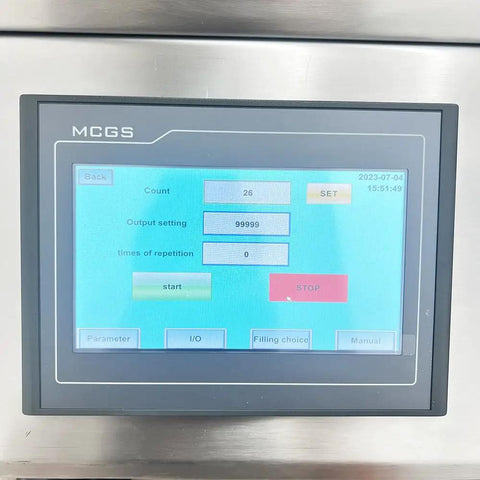 Built Like A Tank Automatic Pneumatic Liquid Paste Filler control panel display with output settings and start/stop options.