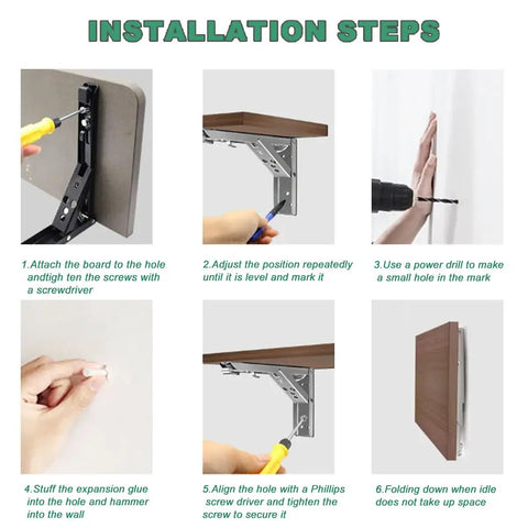 Installation steps for 10 Inch Folding Shelf Brackets 2 Pack Stainless Steel Triangle Wall Mounts with tools and detailed actions.
