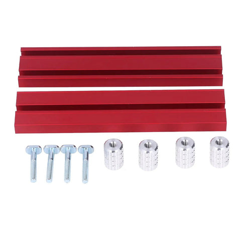 Pro Shop Woodworking Planing Stop And Bench Clamp Kit Featuring Snug Grip Aluminum Build with red aluminum rails and steel screws.