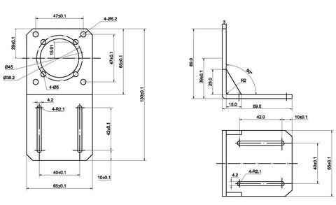 Technical drawing of Alloy Steel Mounting Bracket For NEMA 23 Geared Stepper Motor ST M2 Economy Model with dimensions and design details.
