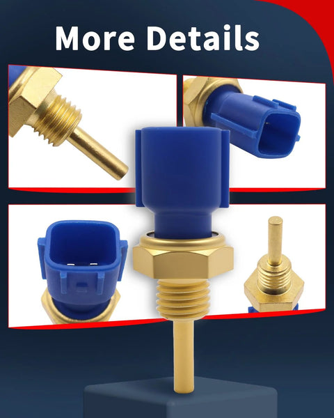 Front view VEHICODE engine coolant temperature sensor (ECT) with blue connector and brass probe for Infiniti Nissan