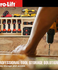 Cordless Drill Organizer With Wall Mount Storage Rack Five Hanging Slots Wooden Construction Model M004W installed on wall.