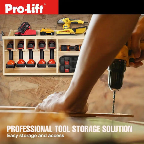 Cordless Drill Organizer With Wall Mount Storage Rack Five Hanging Slots Wooden Construction Model M004W installed on wall.