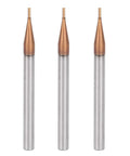 Three 4-flute tungsten carbide end mills with copper-colored cutting tips and silver shanks, front view