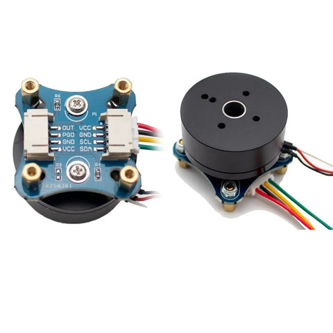 2804 Hollow Shaft Outrunner Dope Brushless DC Motor With AS5600 Encoder Kit, top and side view showing wiring and hollow shaft design