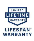 Limited Lifetime Warranty text in blue shield design, emphasizing product longevity and reliability.