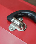 Close-up of the sturdy carry handle on the Nineteen Inch Heavy Gauge Steel Barn Tool Box With Padlock Clip Lock.