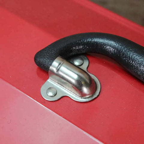Close-up of the sturdy carry handle on the Nineteen Inch Heavy Gauge Steel Barn Tool Box With Padlock Clip Lock.