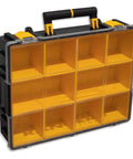 Pro Grade Van Storage Cabinet With Eight Removable Parts Bins And Two Reinforced Shelves Jobsite Ready Tool Organizer For Work Trucks - sturdy black organizer with yellow bins.