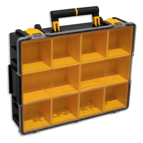 Pro Grade Van Storage Cabinet With Eight Removable Parts Bins And Two Reinforced Shelves Jobsite Ready Tool Organizer For Work Trucks - sturdy black organizer with yellow bins.