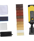 Wood Floor Repair Kit With 11 Color Matching Wax Sticks For Quick Scratch And Crack Fix, shown with sponges and repair tool