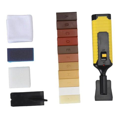 Wood Floor Repair Kit With 11 Color Matching Wax Sticks For Quick Scratch And Crack Fix, shown with sponges and repair tool