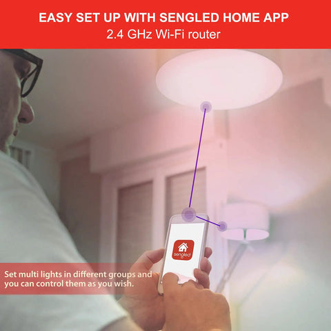 Man using mobile app to control Color Changing WiFi Smart Light Bulb No Hub Needed A19 RGB LED Bulb Compatible With Alexa and Google Home.