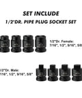 Eight-Piece One-Half Inch Drive Pipe Plug Socket Set, Cr-Mo Steel With Black Phosphate Finish, shown with socket sizes