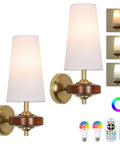 Stepeak Vintage Gold Wireless Wall Sconces Battery Operated, Walnut Wood Rechargeable Wall Lights Set of 2 with Fabric Shade, Remote and Bulb.