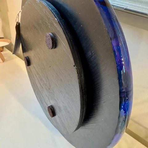 Bottom view of Round 15 Inch Charcuterie Board With Built In Lazy Susan Blue Purple Black Swirl Fluid Acrylic Epoxy Resin Kitchen Centerpiece