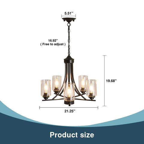 Five Light Black Glass Chandelier With Rustic Metal Pendant Lighting for farmhouse kitchen and living room ceiling mount diagram