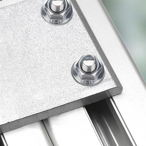 Close-up of M8x20mm T Slot Drop In Bolt Set With Hammer Head Screws and Flange Nuts installed on aluminum extrusion profile