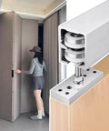 Sliding Barn Door Hardware Track Kit For Wardrobe And Cabinet Doors 2 Or 4 Door Installations in use, top-mount view