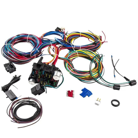 Universal 12V Wiring Harness And Fuse Kit With 21 Pre Terminated Circuits And 17 ATO Fuses Plug Connector For Halogen HID And LED Headlights.