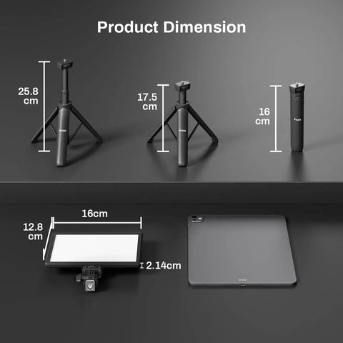 9 Inch LED Video Light Panel With Adjustable 2500K 6500K Color Temperature dimensions and tripod measurements