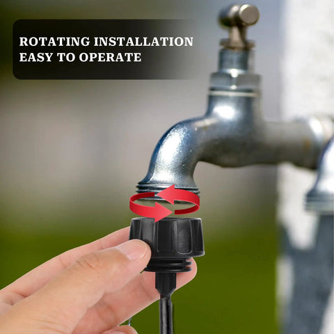 Hand attaching Five Pack One Quarter Inch Drip Irrigation Tubing To Faucet And Garden Hose Adapters Quick Connect Fittings to faucet