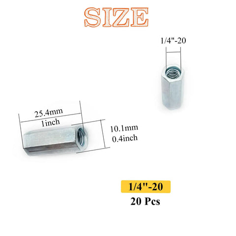 Twenty Pack One Quarter Inch Twenty Thread Hex Coupling Nuts Zinc Plated Heavy Duty Extended Hexagon Rod Connectors with measurements