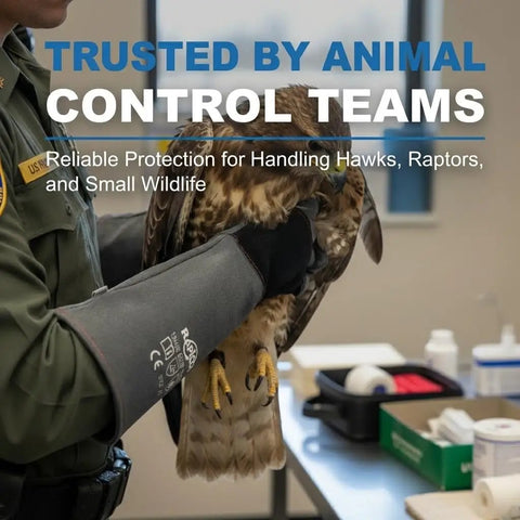 Person using Animal Handling Gloves Bite Proof With Double Leather Reinforcement For Dogs Cats Birds Falcons Reptiles And More 16 Inch Grey Black Beefy Heavy Duty Grip And Forearm Protection For Safe Capture And Handling while holding a hawk.
