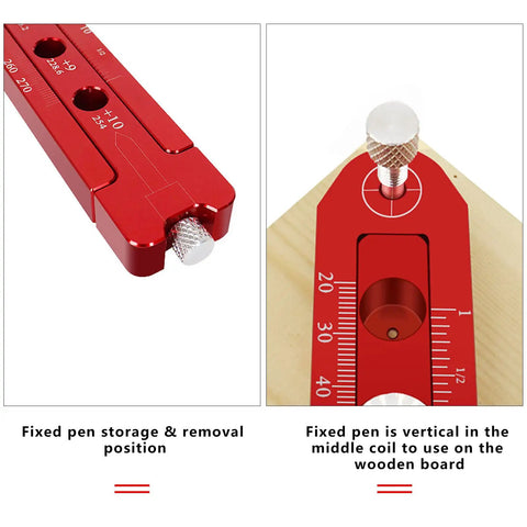 Aluminum Alloy Circular Drawing Tool With Adjustable Radius Scriber For Woodworking, compass close-up showing red scale