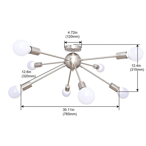 Mid Century 8 Light Sputnik Chandelier Nickel Ceiling Light Fixture Semi Flush Mount Pre Wired Easy Install For Dining Room