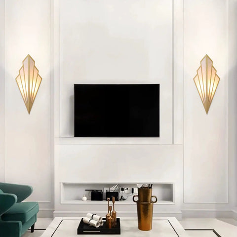 Two Pack European Style Fan Shaped LED Wall Sconces With Antique Wrought Iron Finish Art Deco G9 Wall Lamps Matte Gold Color Cool Living Room Bedroom Aisle Lighting Set Of Two installed in a modern living room