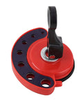 Front view of diamond drill bit locator tool with suction cup base, red and blue plastic