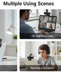 Crisp 1080P HD Webcam With Clear Mic And Noise Cancellation Ships With Wide Angle Lens Auto Light Correction Plus Privacy Cover For Quick Plug And Play Setup On Pc Mac Laptop Desktop Ideal For Zoom Calls Gaming And Live Streaming, shown in use for online commerce, gaming, and remote education.