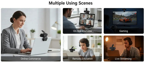 Crisp 1080P HD Webcam With Clear Mic And Noise Cancellation Ships With Wide Angle Lens Auto Light Correction Plus Privacy Cover For Quick Plug And Play Setup On Pc Mac Laptop Desktop Ideal For Zoom Calls Gaming And Live Streaming, shown in use for online commerce, gaming, and remote education.