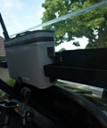 All In One Golf Cart Organizer Kit with storage tray, phone holder, cooler, and cup holder on golf cart, 38 inch length.