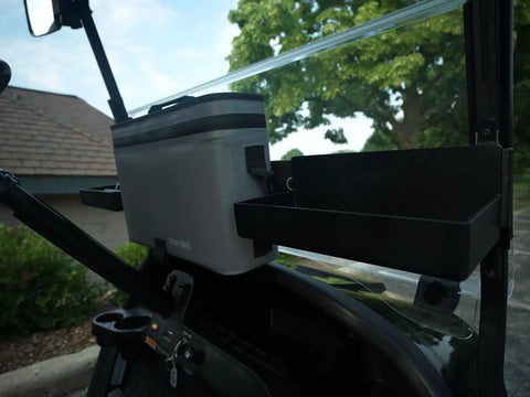 All In One Golf Cart Organizer Kit with storage tray, phone holder, cooler, and cup holder on golf cart, 38 inch length.