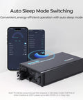 Badass 3000 Watt Pure Sine Wave Power Inverter with phone displaying auto sleep mode, showcasing energy-efficient features.