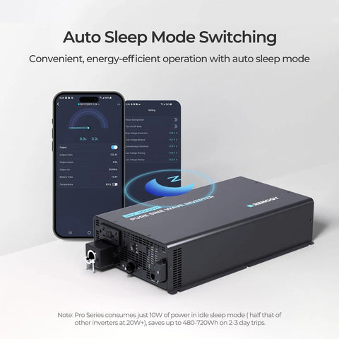 Badass 3000 Watt Pure Sine Wave Power Inverter with phone displaying auto sleep mode, showcasing energy-efficient features.