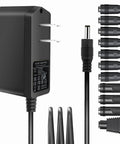 5V 2A Wall Power Adapter With 11 Interchangeable DC Tips 5.5mm X 2.1mm Plug showing AC input and various DC connectors