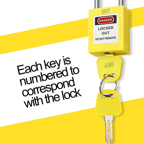 10 Pack Lockout Tagout Locks With Unique Keys Per Lock Yellow Padlocks For Lockout Tagout Stations and Devices close-up
