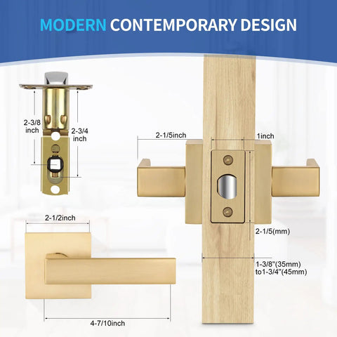 Six Pack Satin Brass Privacy Door Leverset With Lock For Bedroom And Bath Left Or Right Handed, showing measurements and features