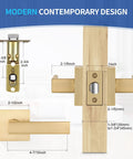 Modern 6 Pack Satin Brass Interior Door Handles With Passage Function, dimensions and contemporary design.
