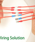 Hands holding wired connectors from 330 Piece Crimp Connector Kit With 2.8mm 4.8mm 6.3mm Spade Terminals Male And Female