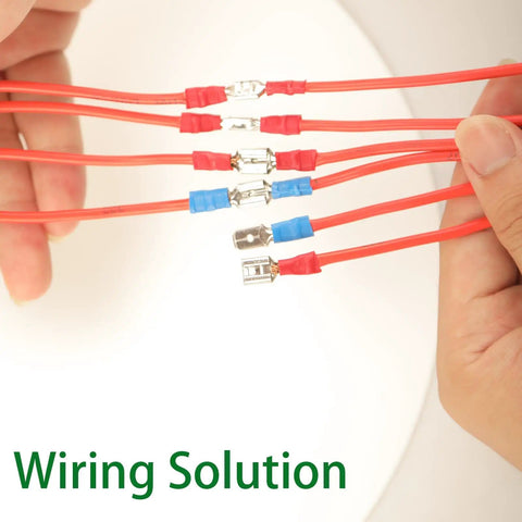 Hands holding wired connectors from 330 Piece Crimp Connector Kit With 2.8mm 4.8mm 6.3mm Spade Terminals Male And Female