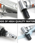 Professional Grade Kick Ass Pneumatic Air Die Grinder Spinning Wild At Twenty Five Thousand RPM For Slick Polish Heavy Metal Wood Tire Wall Projects close-up of silver body and fitting details.